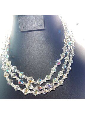 Vintage 1950s Triple Strand Aurora Borealis Crystal Bead Necklace Adjustable Len